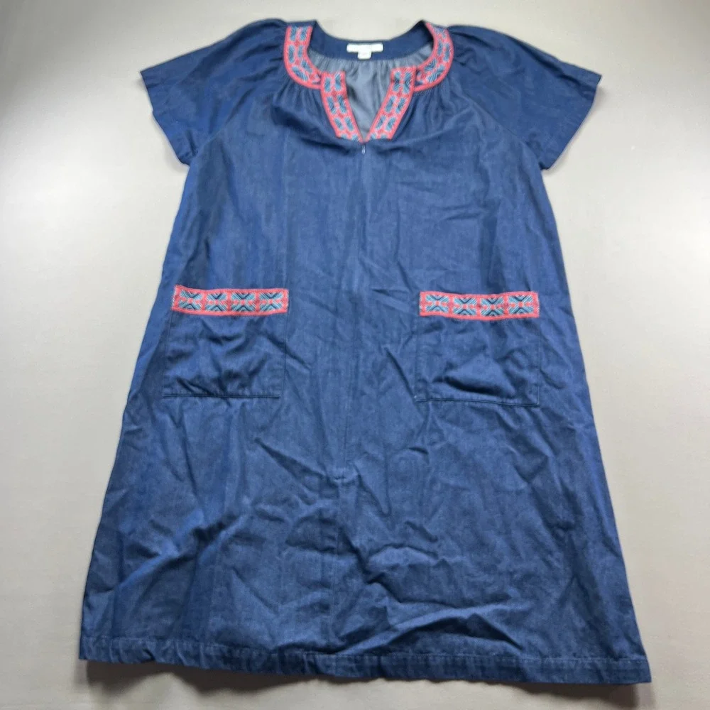 Go Softly Patio Tunic Dress Womens Large Blue Denim Cotton Pleated Split V Neck